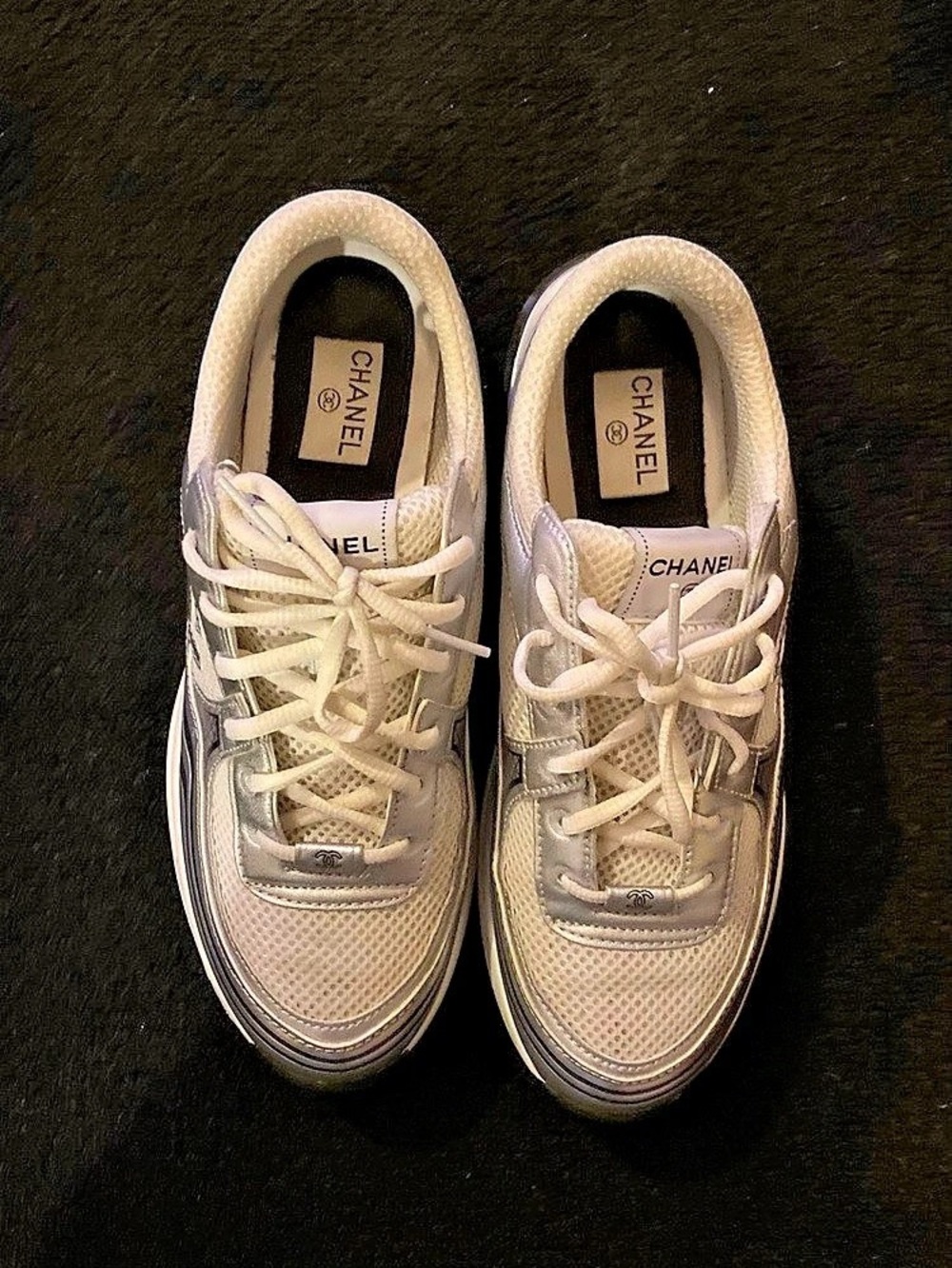 Chanel CC Logo Sneaker White Silver